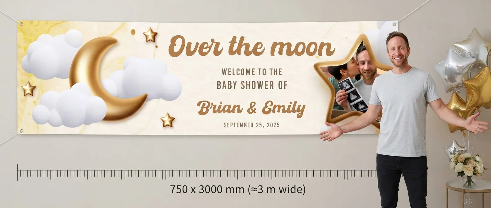 Person standing beside the Over the Moon Baby Shower Banner for scale, with size guide showing 750 x 3000 mm