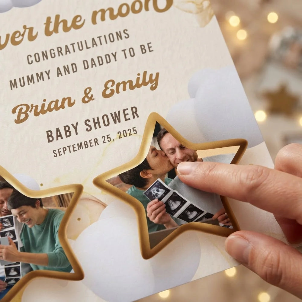 Close-up of the personalised name and photo printed on the Over the Moon Baby Shower Mega Card