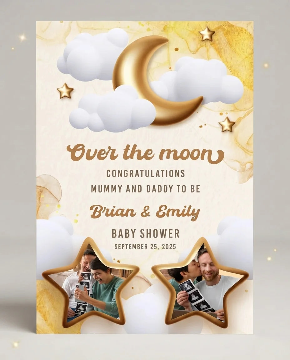Personalised Over the Moon Baby Shower Mega Card displayed against a plain studio background