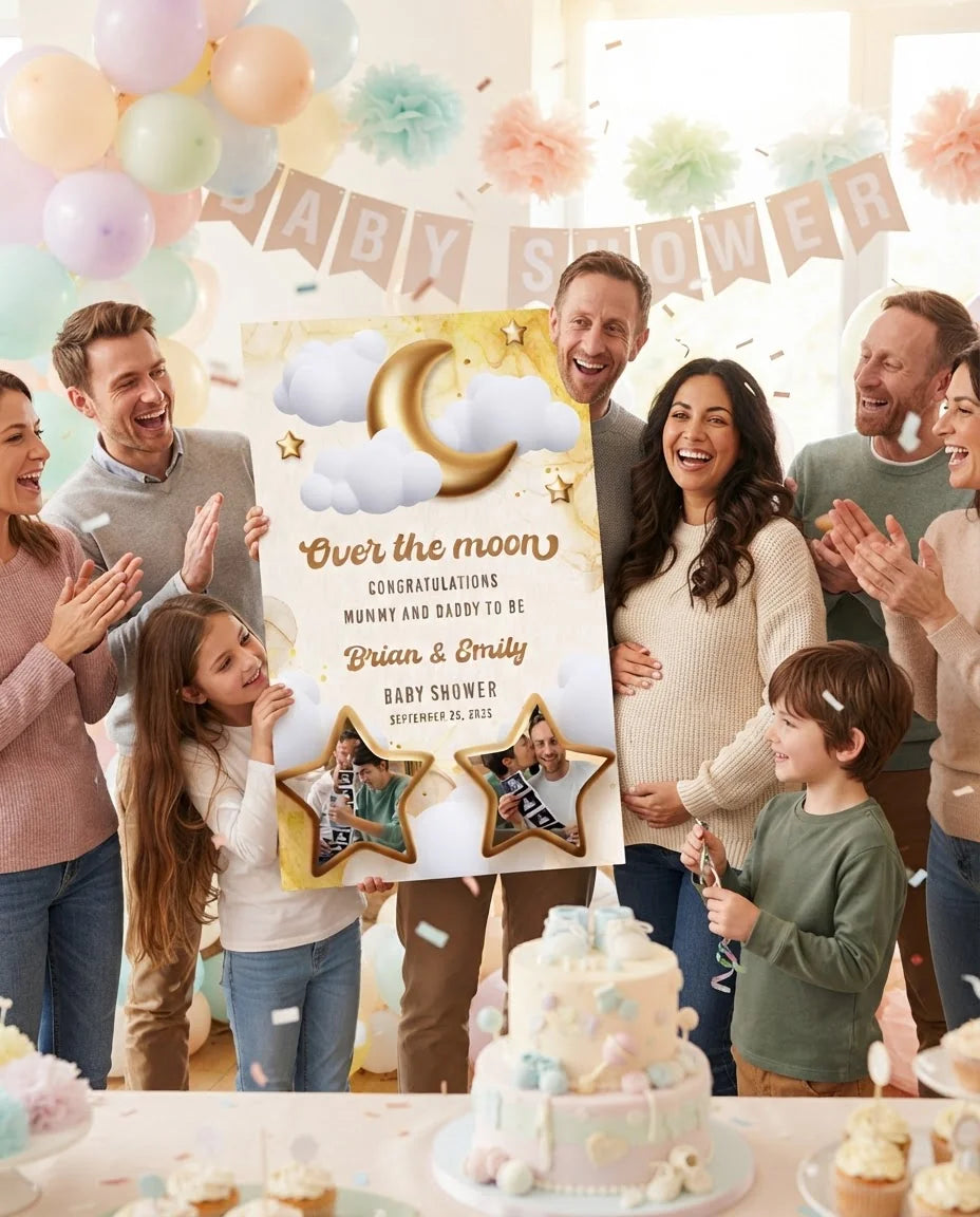 Friends and family celebrating with the personalised Over the Moon Baby Shower Mega Card