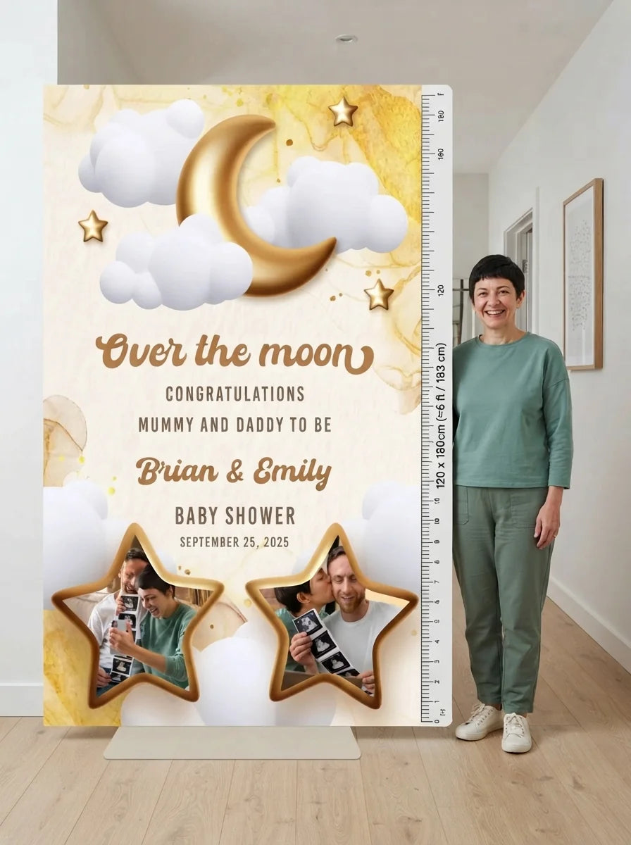 Person standing beside the Over the Moon Baby Shower Mega Card for scale in a size guide