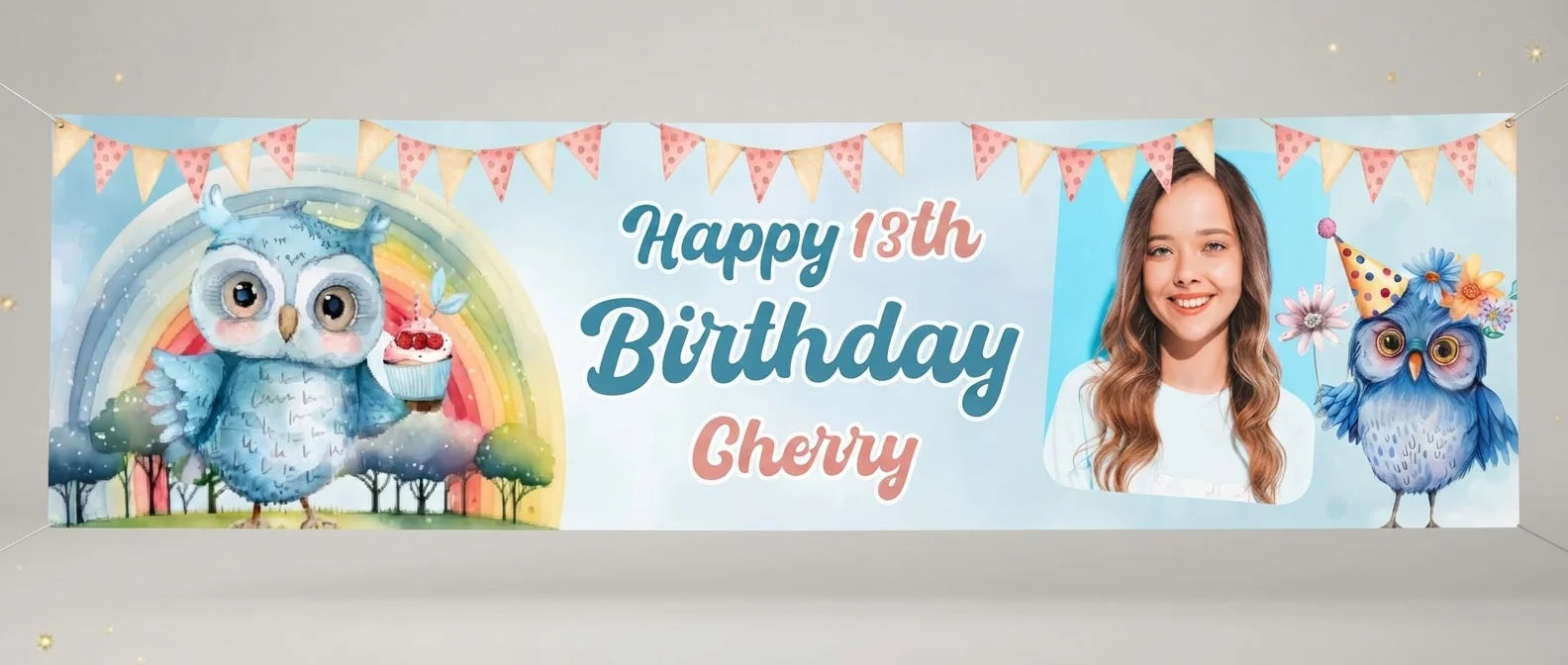 Personalised Owl Lover Theme Birthday Party Banner displayed against a plain studio background