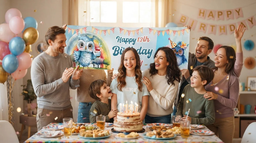 Friends and family celebrating with the personalised Owl Lover Theme Birthday Party Banner