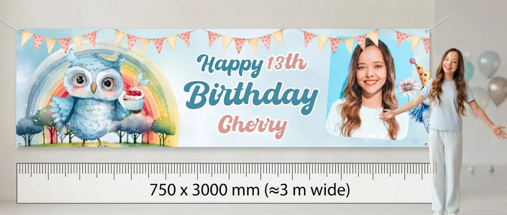 Person standing beside the Owl Lover Theme Birthday Party Banner for scale, with size guide showing 750 x 3000 mm