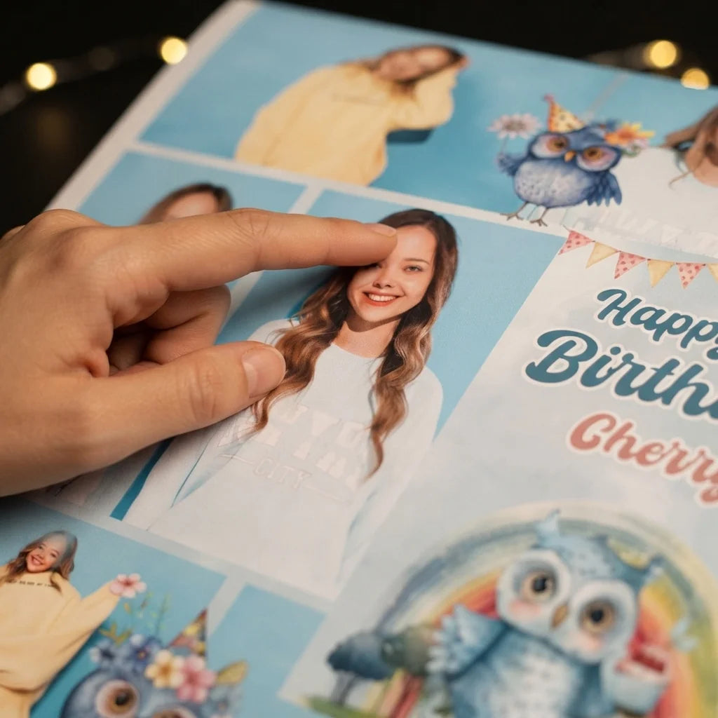 Close-up of the personalised name and photo printed on the Owl Lover Theme Birthday Party Mega Card