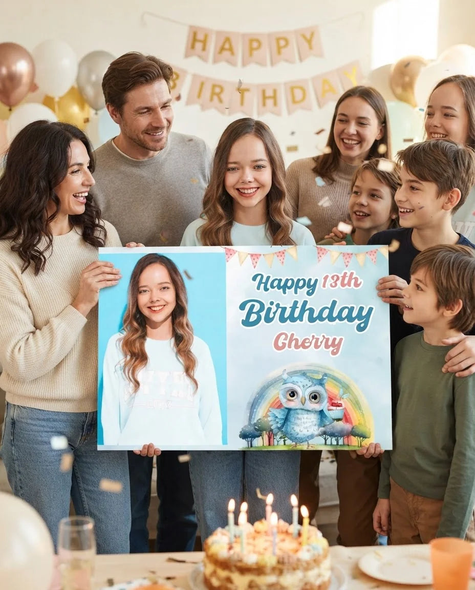 Friends and family celebrating with the personalised Owl Lover Theme Birthday Party Mega Card