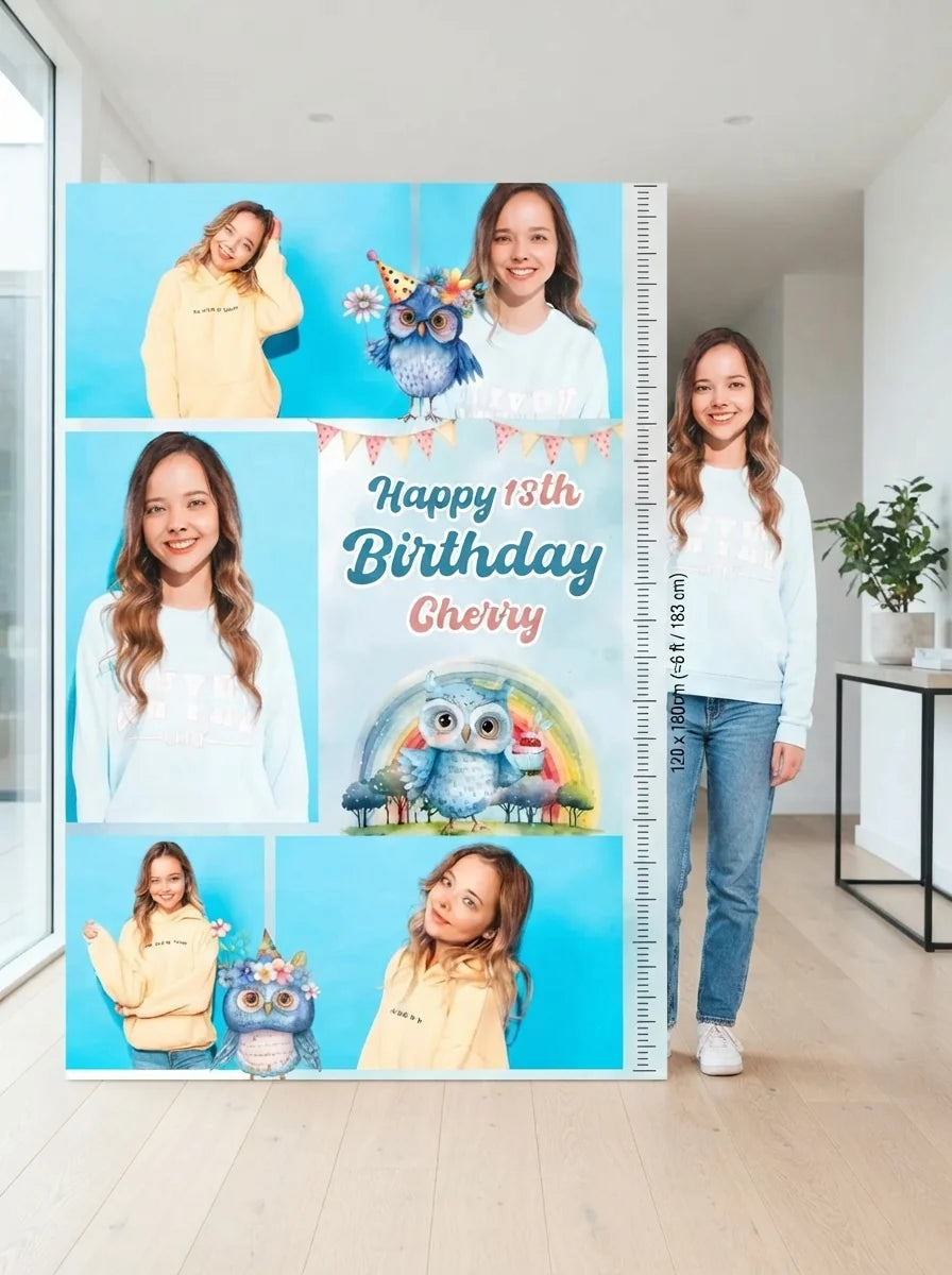 Person standing beside the Owl Lover Theme Birthday Party Mega Card for scale in a size guide
