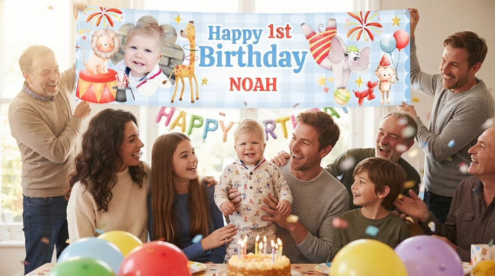 Friends and family celebrating with the personalised Party Animals Circus Birthday Party Banner