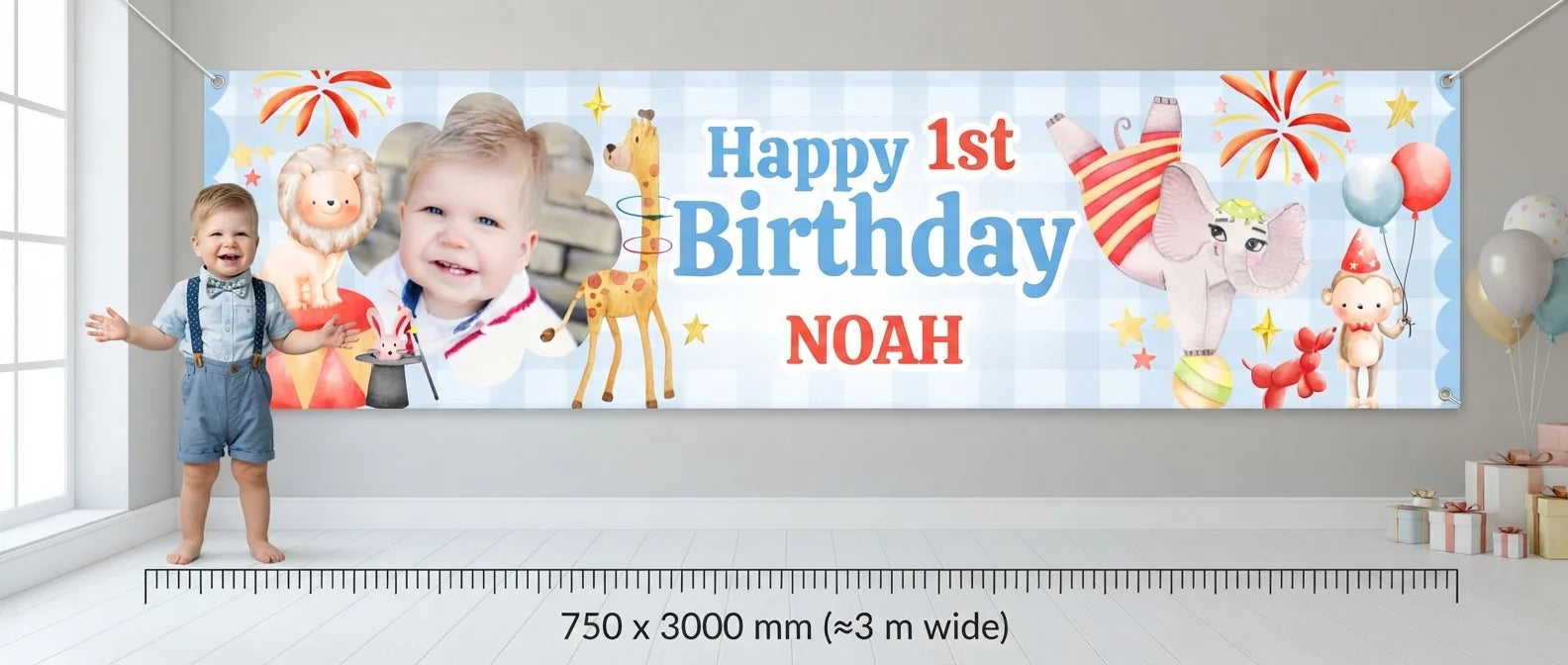 Person standing beside the Party Animals Circus Birthday Party Banner for scale, with size guide showing 750 x 3000 mm