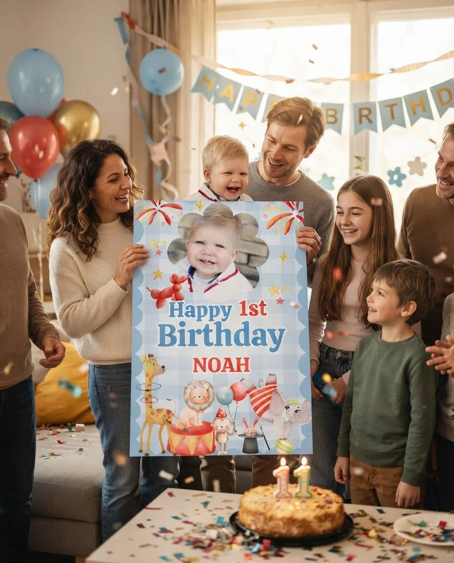 Friends and family celebrating with the personalised Party Animals Circus Birthday Party Mega Card