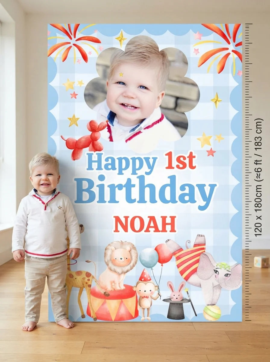 Person standing beside the Party Animals Circus Birthday Party Mega Card for scale in a size guide
