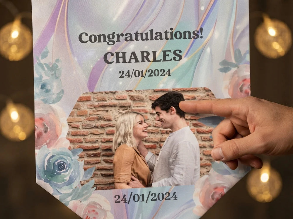 Close-up of the personalised name and photo printed on the Pastel Pearl & Floral Theme Wedding Banner