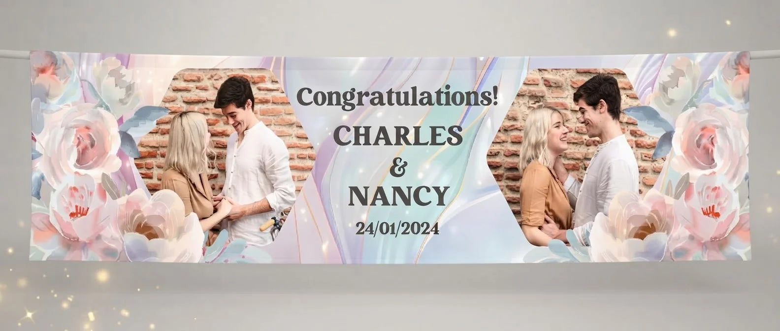 Personalised Pastel Pearl & Floral Theme Wedding Banner displayed against a plain studio background