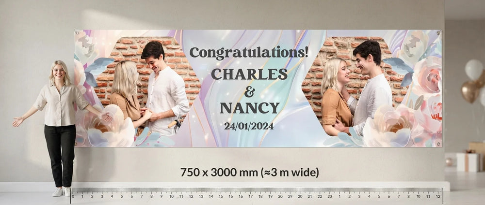 Person standing beside the Pastel Pearl & Floral Theme Wedding Banner for scale, with size guide showing 750 x 3000 mm