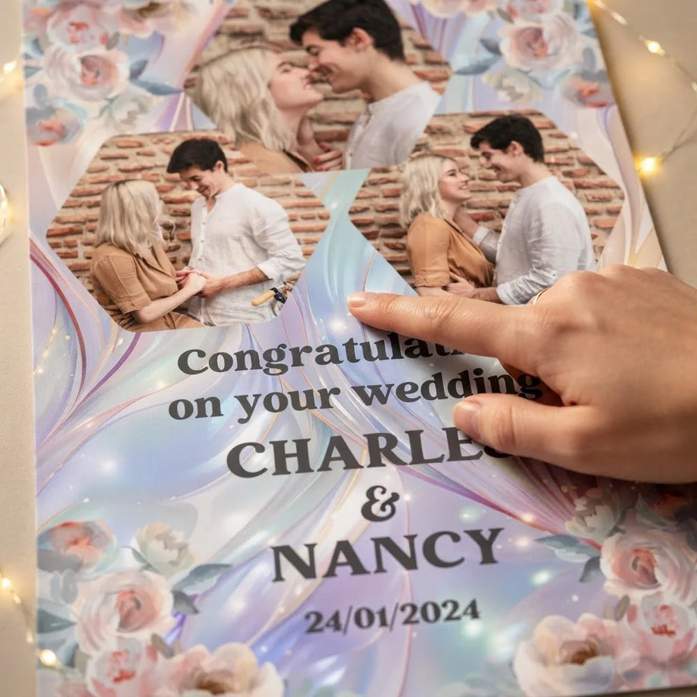 Close-up of the personalised name and photo printed on the Pastel Pearl & Floral Theme Wedding Mega Card