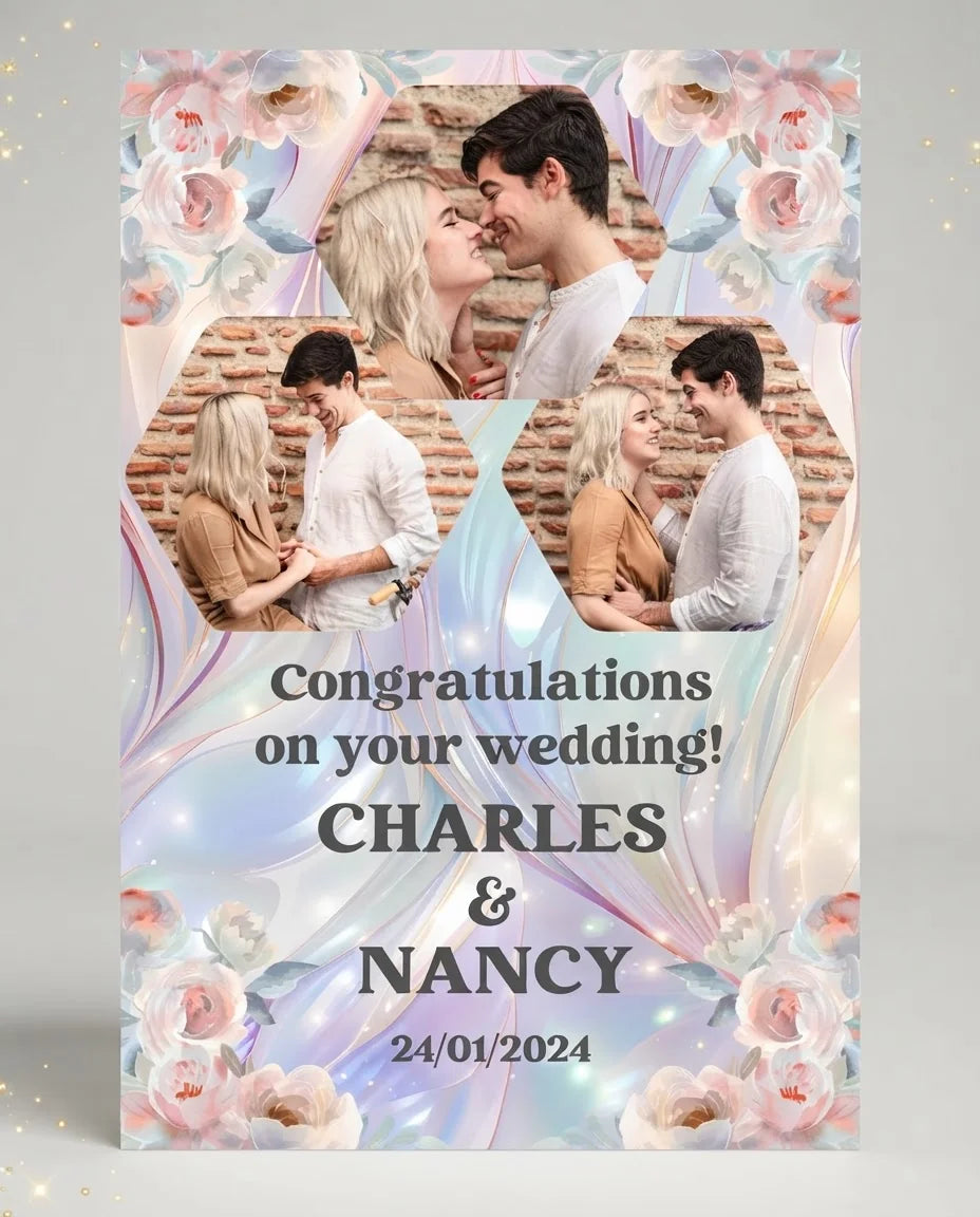 Personalised Pastel Pearl & Floral Theme Wedding Mega Card displayed against a plain studio background