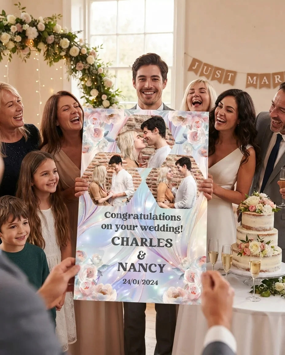 Friends and family celebrating with the personalised Pastel Pearl & Floral Theme Wedding Mega Card