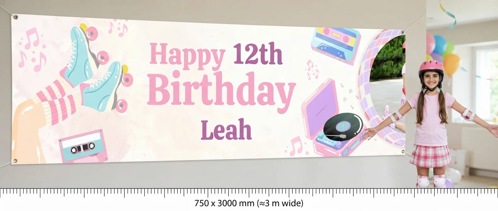 Person standing beside the Pastel Retro Roller Skate Birthday Banner for scale, with size guide showing 750 x 3000 mm