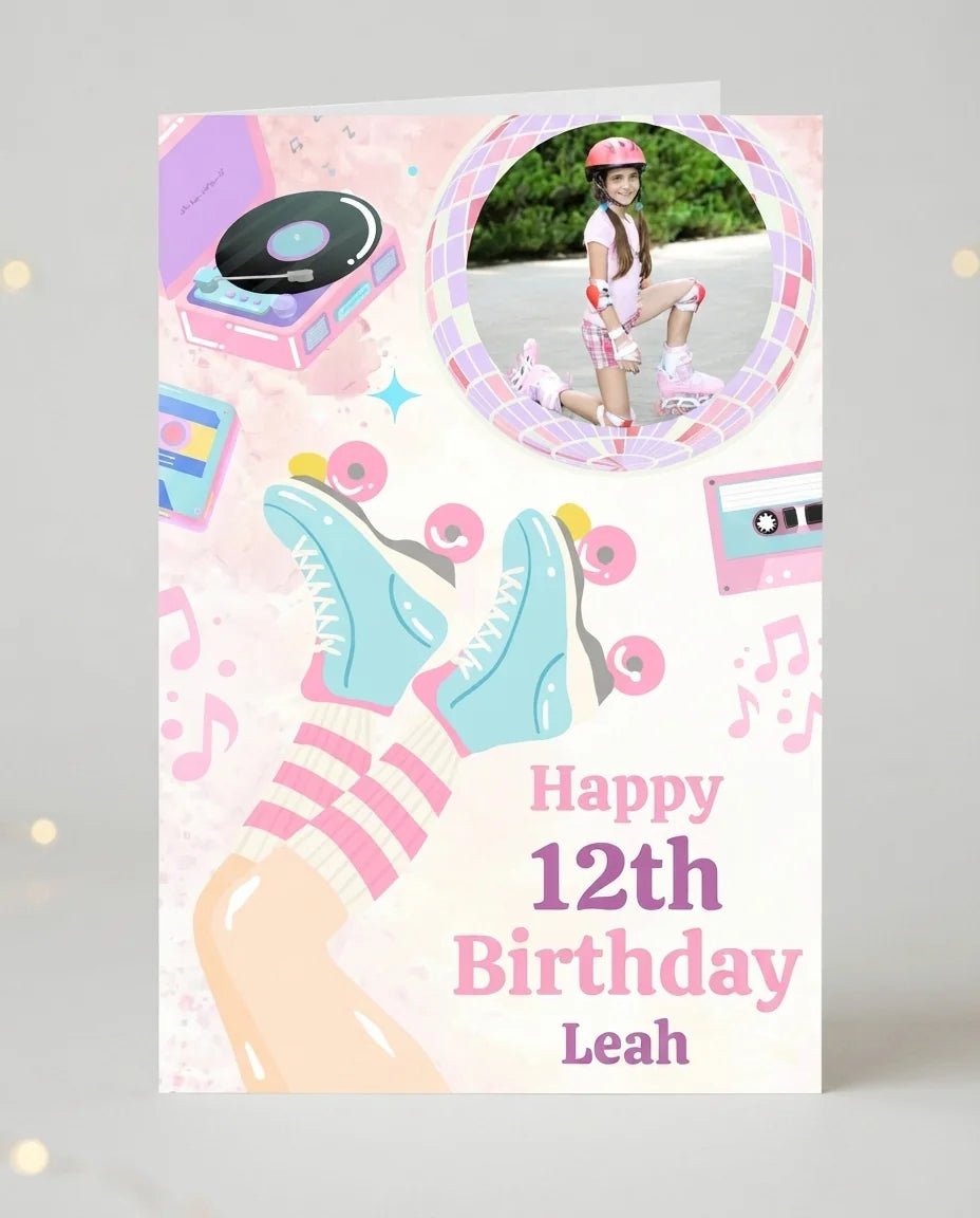 Personalised Pastel Retro Roller Skate Birthday Mega Card displayed against a plain studio background