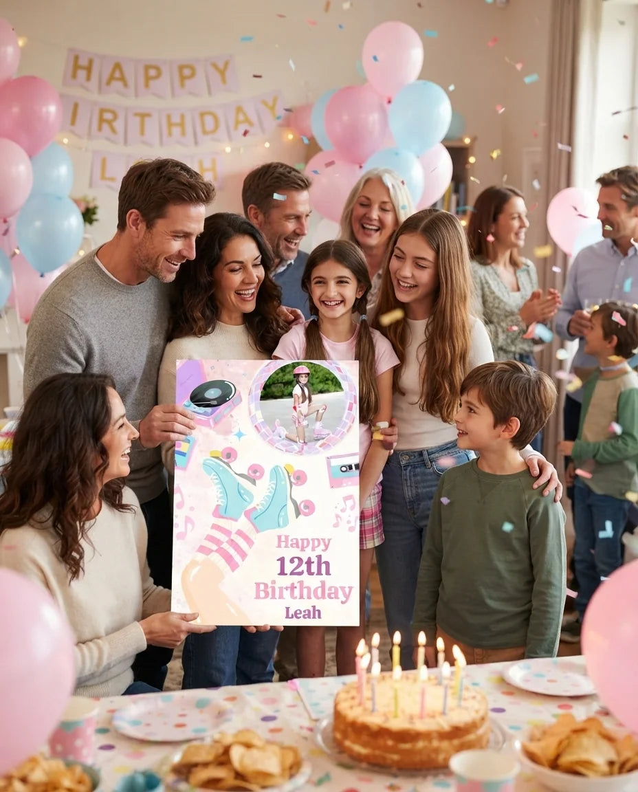 Friends and family celebrating with the personalised Pastel Retro Roller Skate Birthday Mega Card