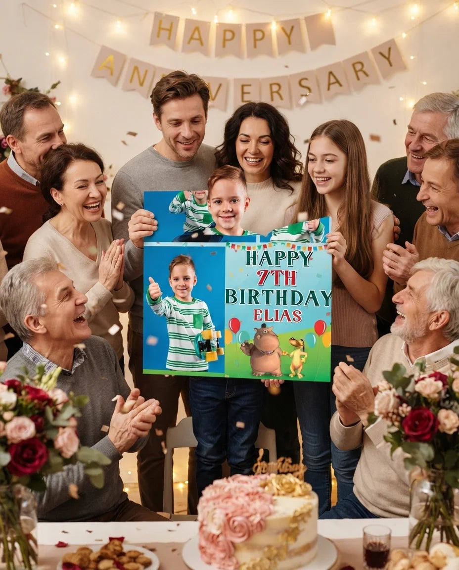 Friends and family celebrating with the personalised Pat and Stan Mega Card