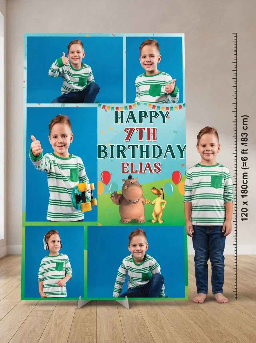 Person standing beside the Pat and Stan Mega Card for scale in a size guide