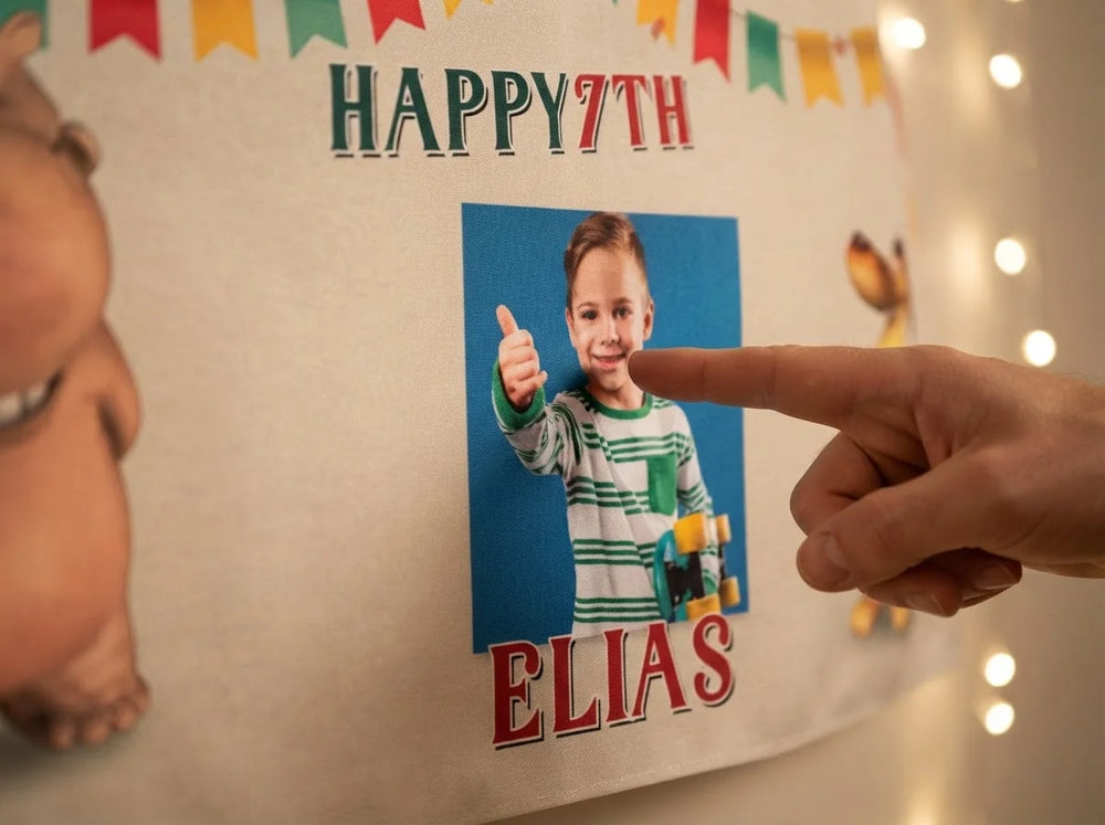 Close-up of the personalised name and photo printed on the Pat & Stan Birthday Banner