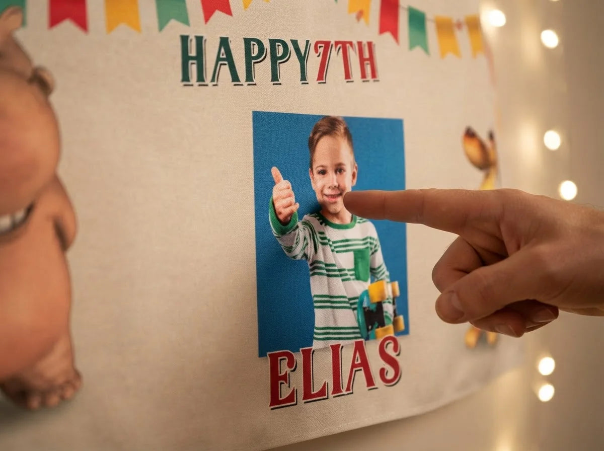 Close-up of the personalised name and photo printed on the Pat & Stan Birthday Banner