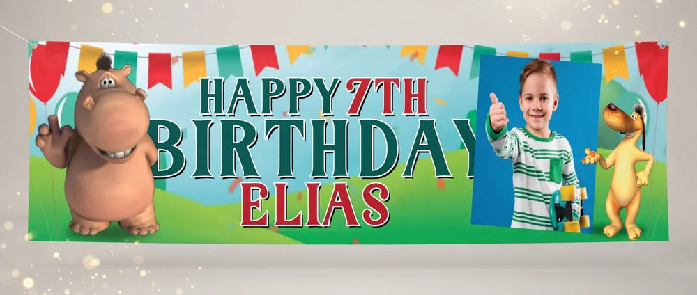 Personalised Pat & Stan Birthday Banner displayed against a plain studio background
