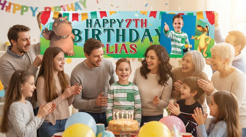 Friends and family celebrating with the personalised Pat & Stan Birthday Banner