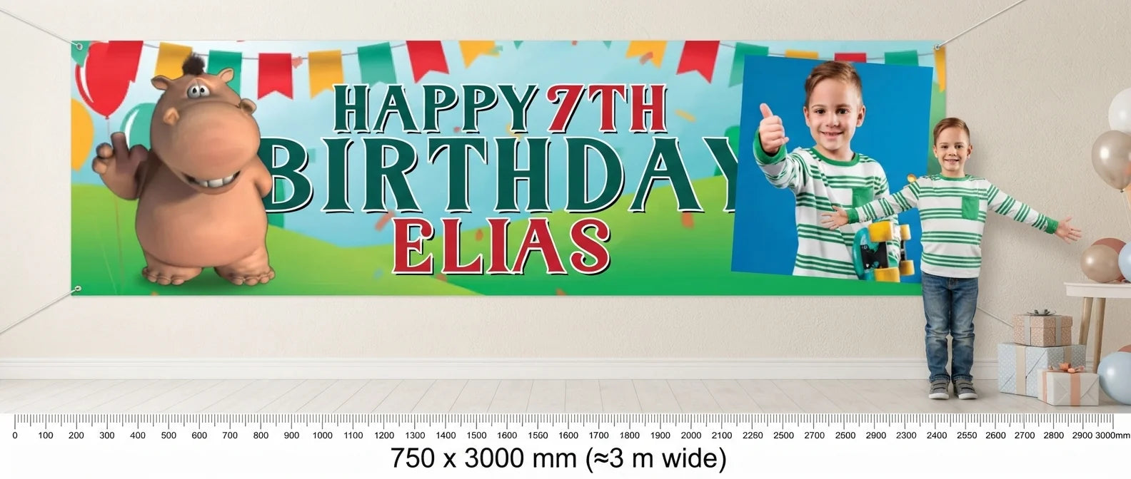 Person standing beside the Pat & Stan Birthday Banner for scale, with size guide showing 750 x 3000 mm