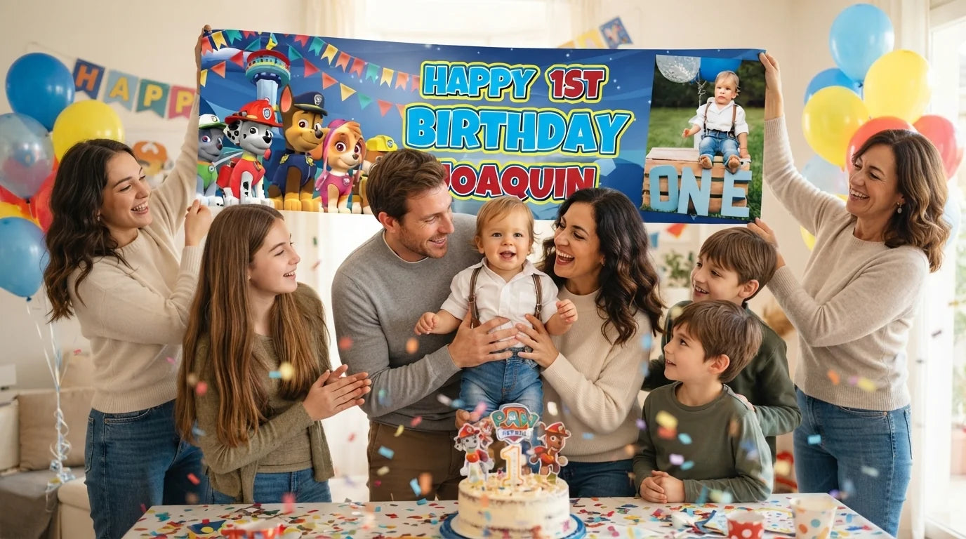 Friends and family celebrating with the personalised Paw Patrol Birthday Banner