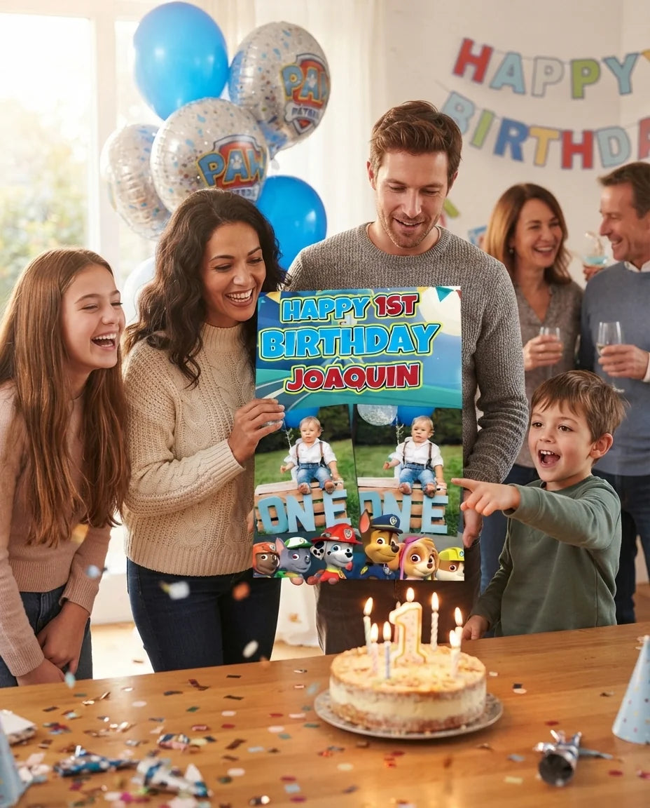 Friends and family celebrating with the personalised Paw Patrol Mega Card