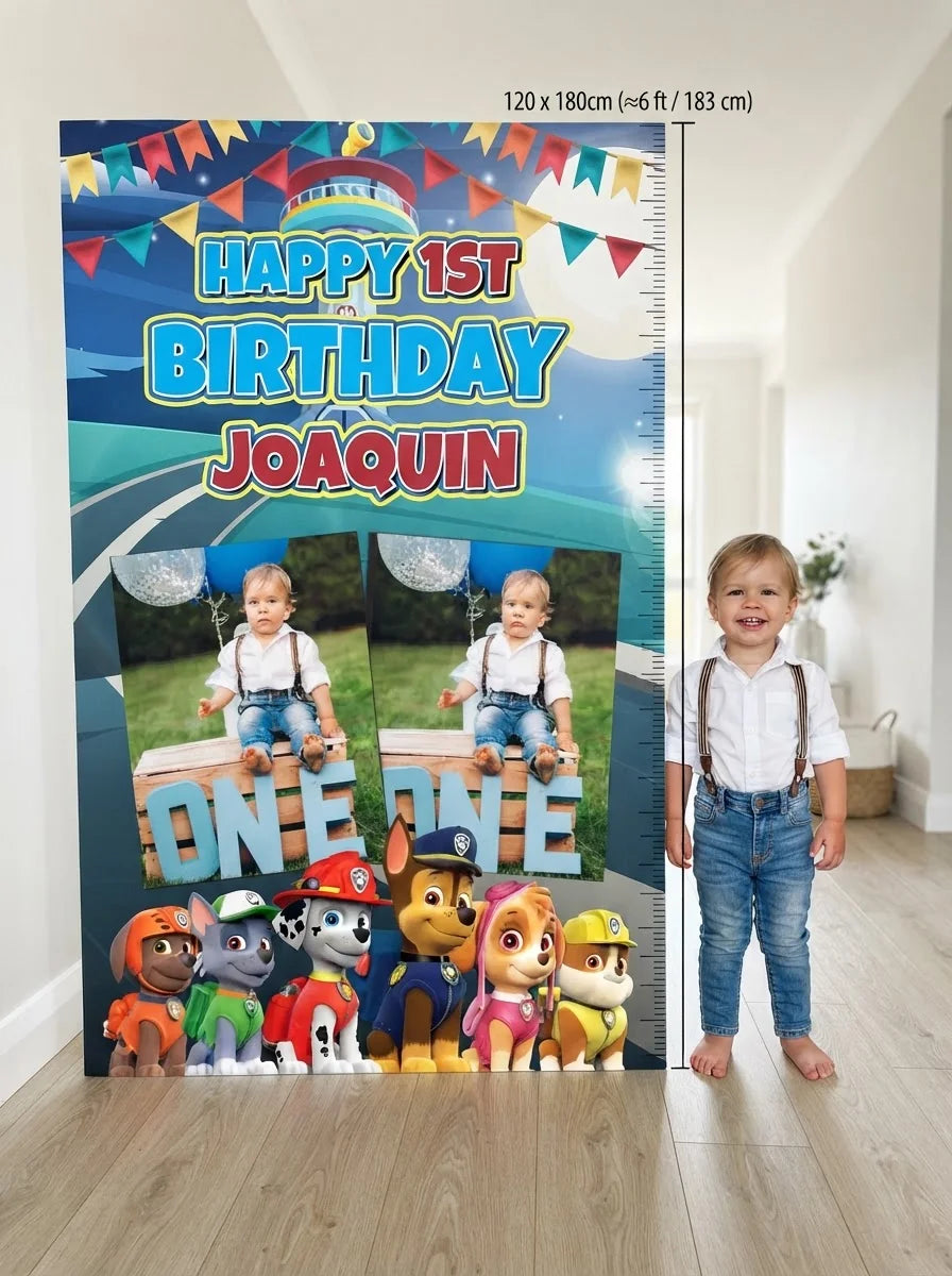 Person standing beside the Paw Patrol Mega Card for scale in a size guide
