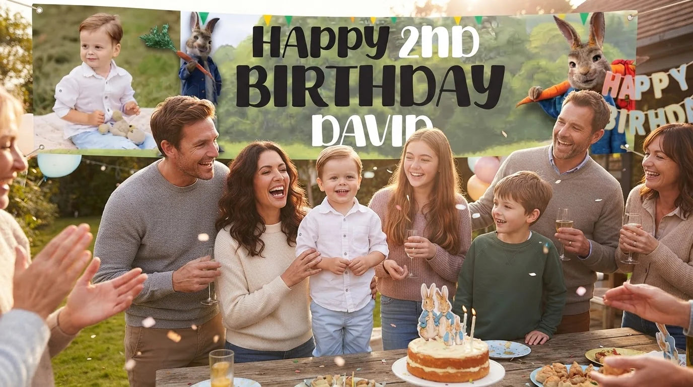 Friends and family celebrating with the personalised Peter Rabbit Birthday Banner