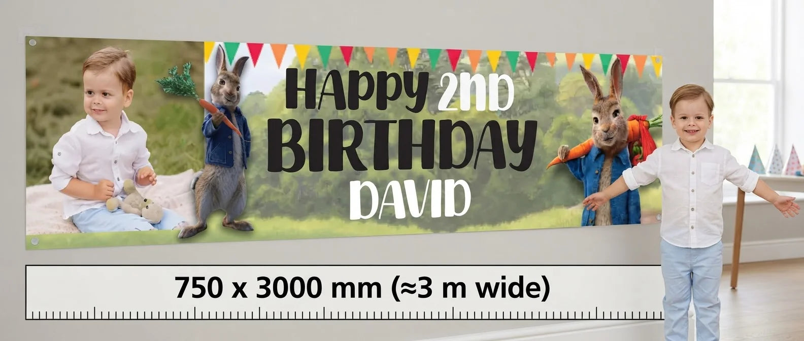 Person standing beside the Peter Rabbit Birthday Banner for scale, with size guide showing 750 x 3000 mm
