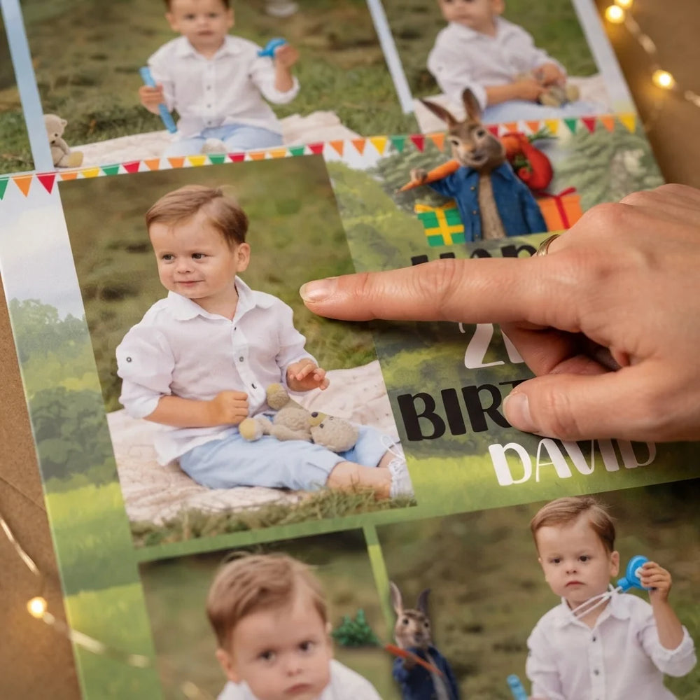 Close-up of the personalised name and photo printed on the Peter Rabbit Mega Card