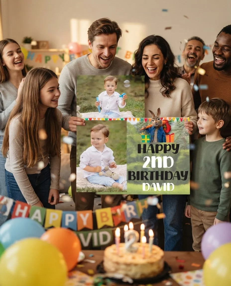 Friends and family celebrating with the personalised Peter Rabbit Mega Card