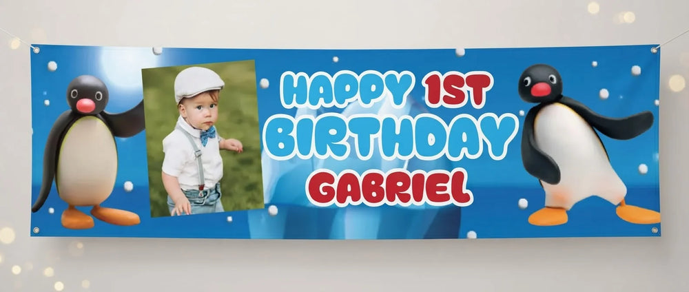 Personalised Pingu Birthday Banner displayed against a plain studio background