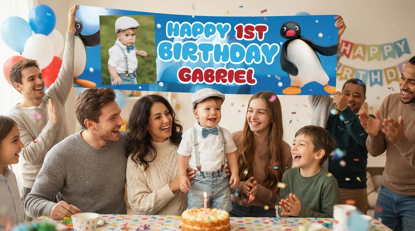 Friends and family celebrating with the personalised Pingu Birthday Banner