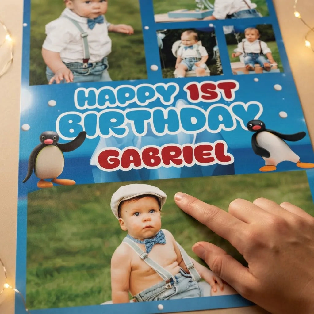 Close-up of the personalised name and photo printed on the Pingu Mega Card