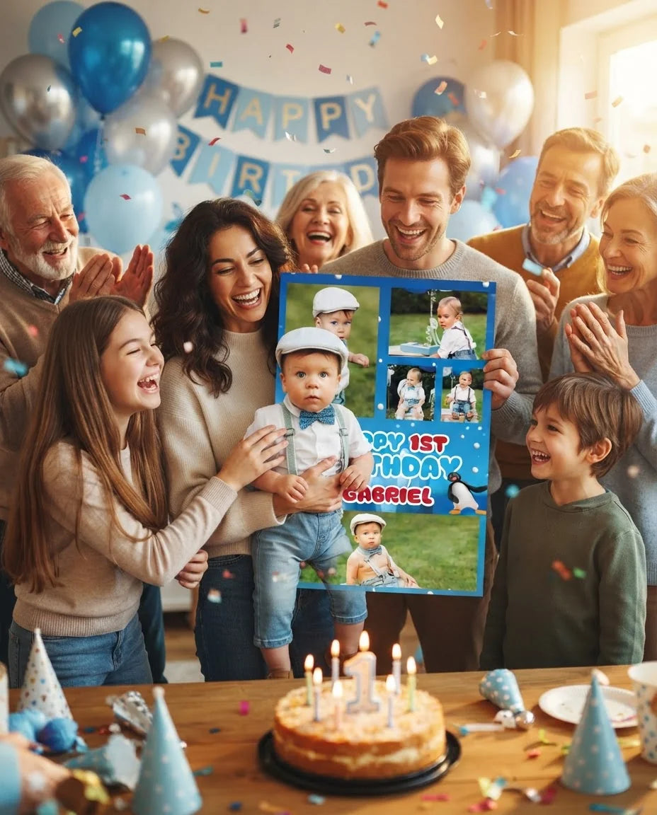 Friends and family celebrating with the personalised Pingu Mega Card
