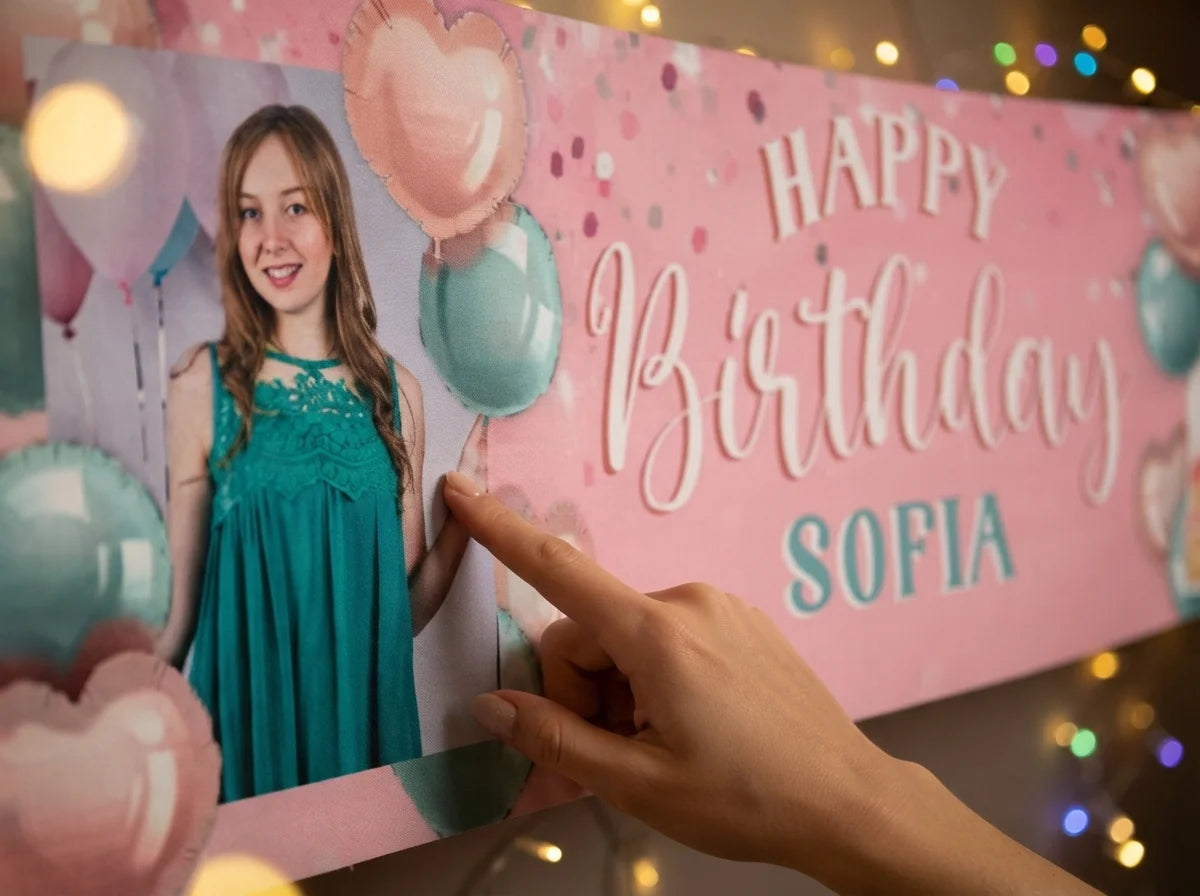 Close-up of the personalised name and photo printed on the Pink and Mint Theme Birthday Party Banner