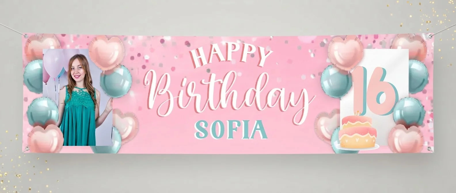 Personalised Pink and Mint Theme Birthday Party Banner displayed against a plain studio background