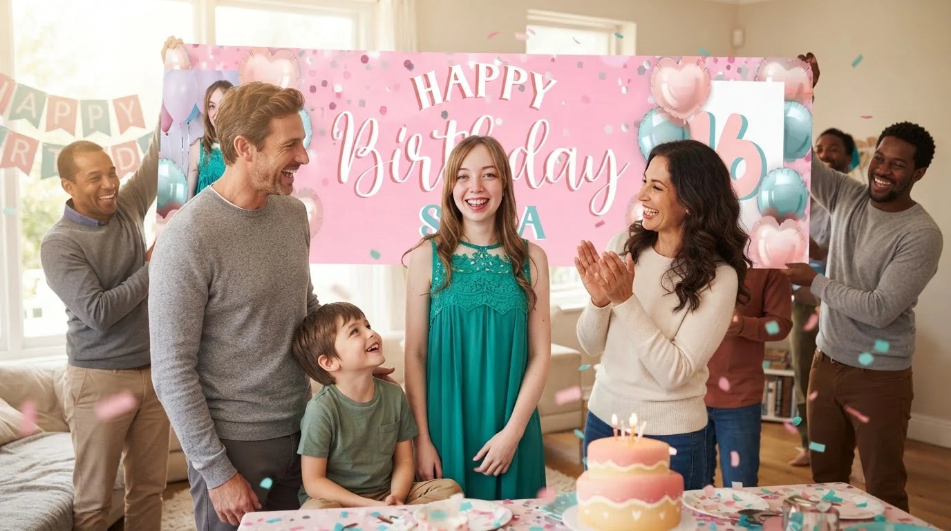 Friends and family celebrating with the personalised Pink and Mint Theme Birthday Party Banner