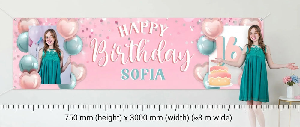 Person standing beside the Pink and Mint Theme Birthday Party Banner for scale, with size guide showing 750 x 3000 mm