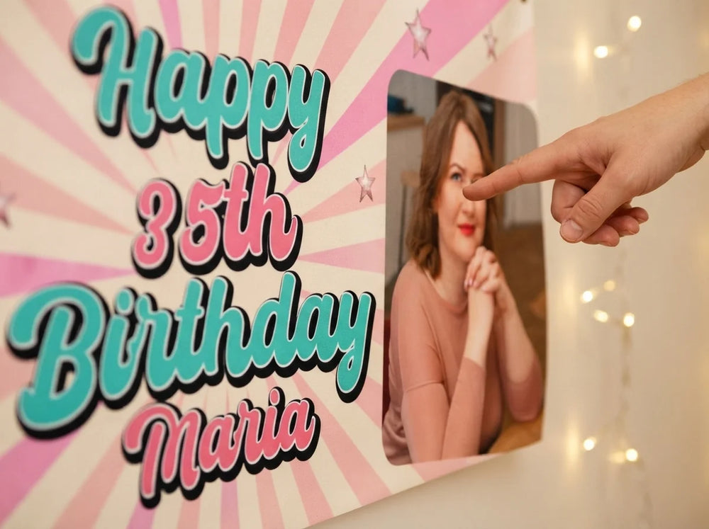 Close-up of the personalised name and photo printed on the Pink Retro Birthday Theme Party Banner