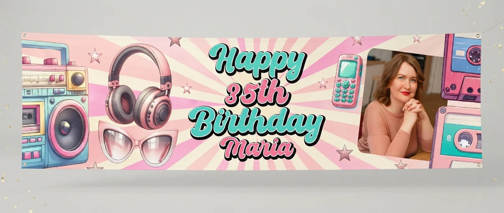 Personalised Pink Retro Birthday Theme Party Banner displayed against a plain studio background