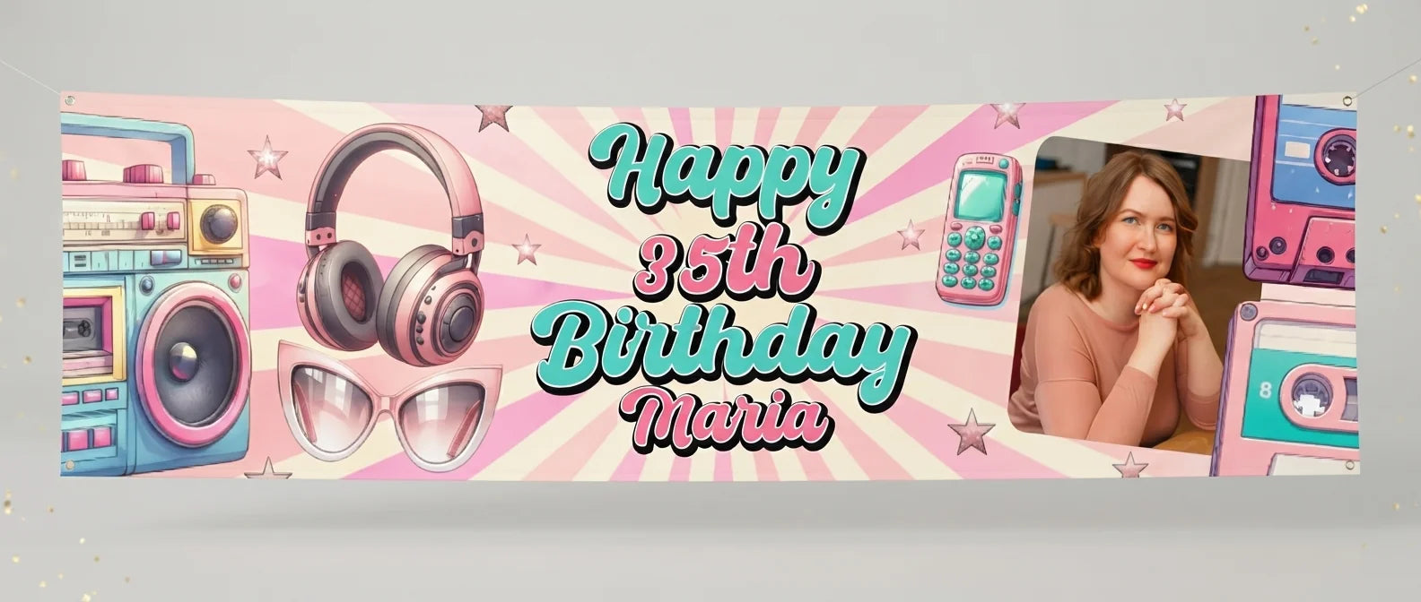 Personalised Pink Retro Birthday Theme Party Banner displayed against a plain studio background