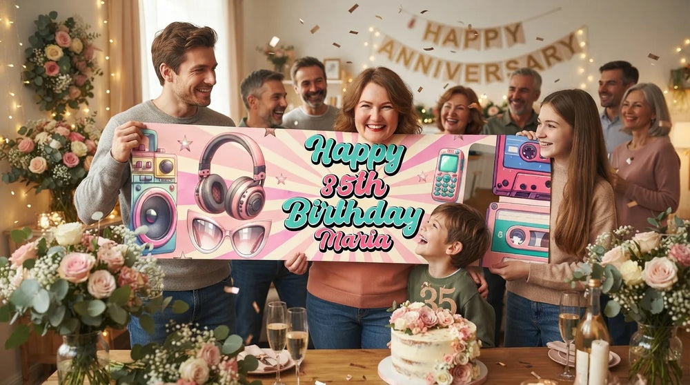 Friends and family celebrating with the personalised Pink Retro Birthday Theme Party Banner
